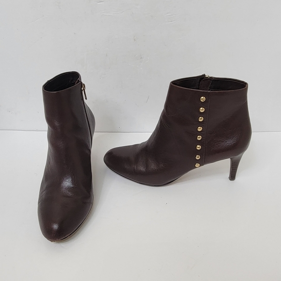 Coach Hickory Ankle Booties in Saddle size 9.5 Brown Heeled Boots Leather Stud - Picture 2 of 14